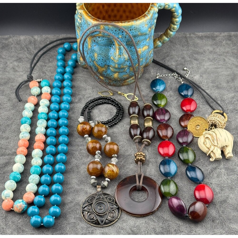 Lot Of Six Costume Jewelry Plastic Resin Necklaces Ceramic Buddha Mug Blue Brown